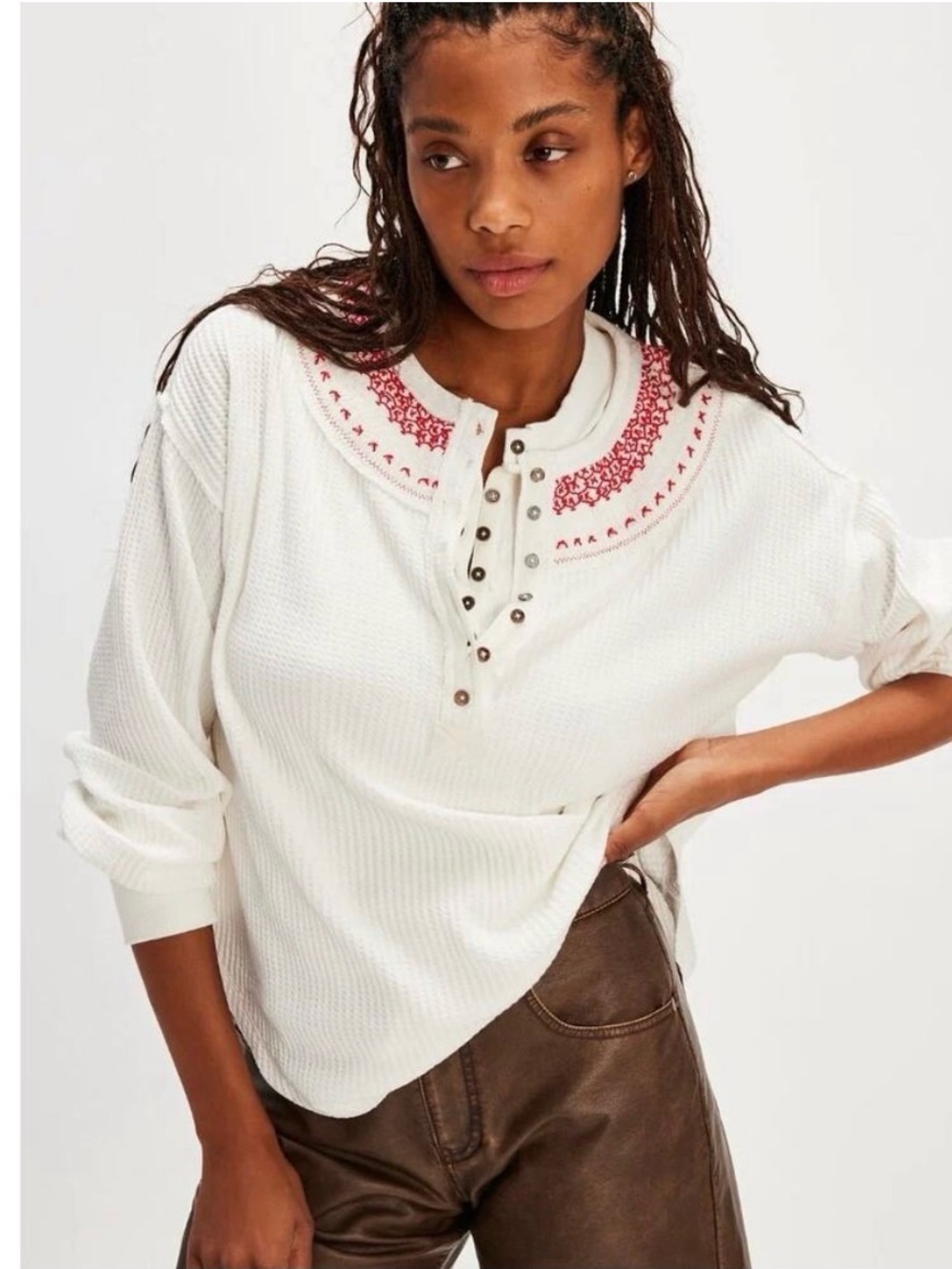 Free People White Waffle Knit Henley with Red Embroidered Yoke